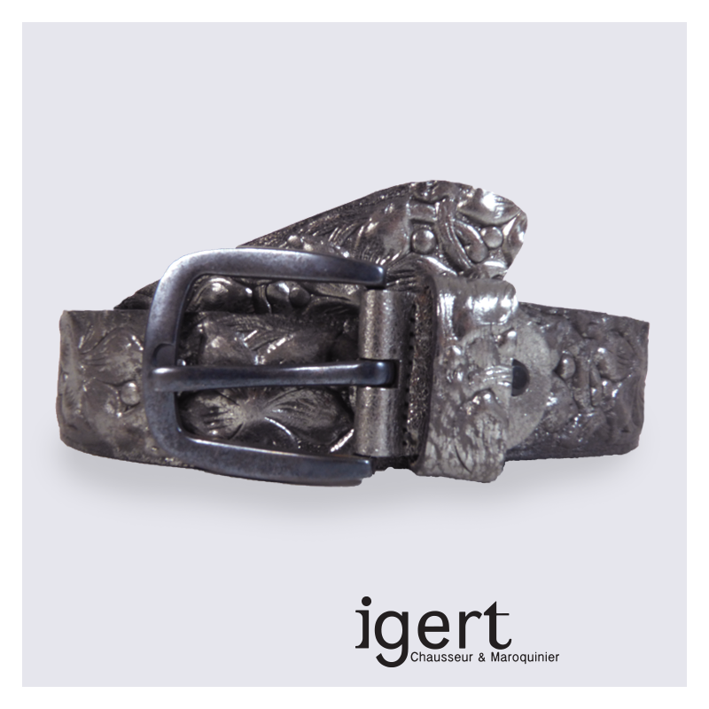 Ceinture femme Bernd Götz en cuir relief motif fleurs argenté Ceinture femme Bernd Götz en cuir relief motif fleurs argenté