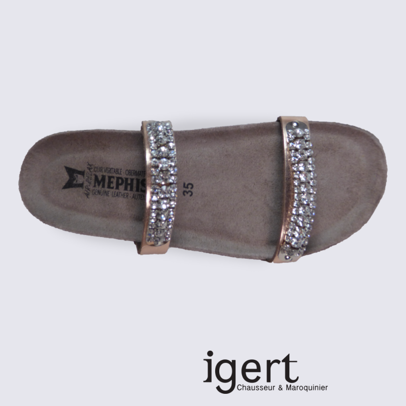 Mules pour femme Mephisto en cuir or rose avec strass