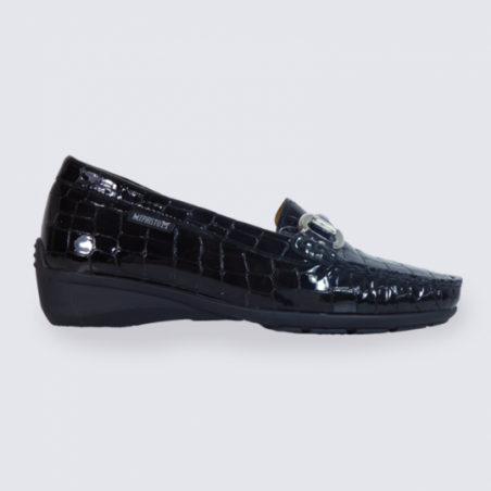 Mocassin Mephisto, mocassins femme en cuir vernis noir aspect croco