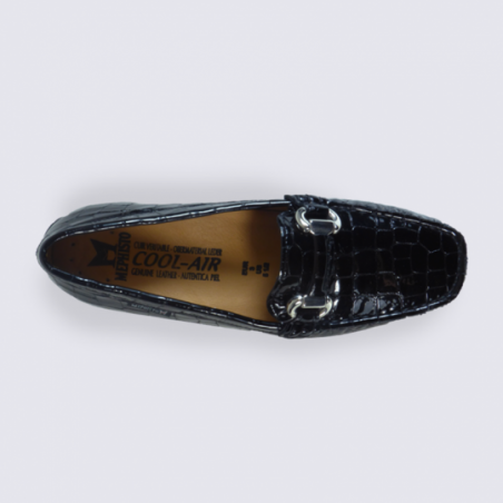 Mocassin Mephisto, mocassins femme en cuir vernis noir aspect croco