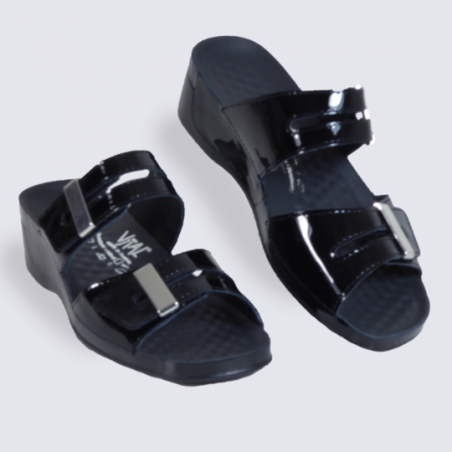 Mules Vital femme en cuir vernis noir à velcros tendance