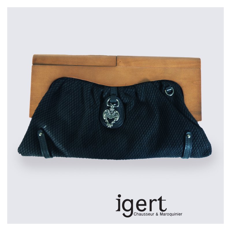 Pochette Frederic en bois et en cuir noir