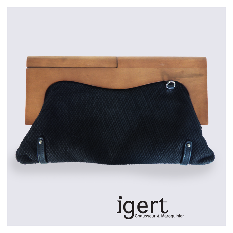Pochette Frederic en bois et en cuir noir