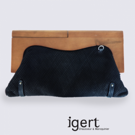 Pochette Frederic en bois et en cuir noir