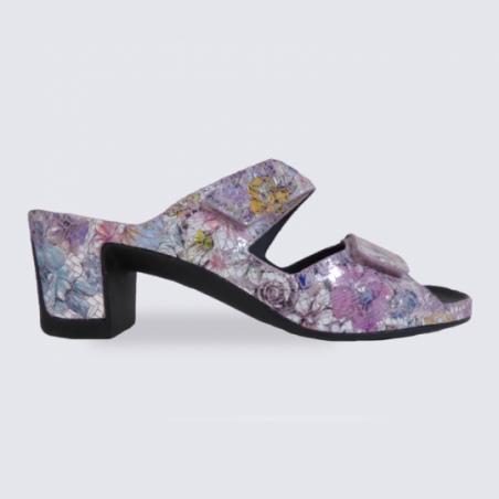 Mules Vital femme en cuir argenté motif fleurs confort Mules Vital femme en cuir argenté motif fleurs confort