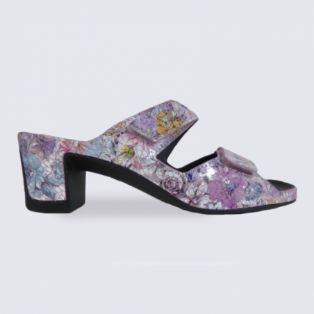 Mules Vital femme en cuir argenté motif fleurs confort