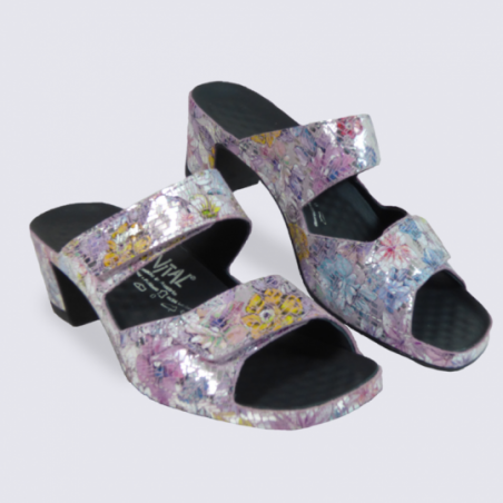 Mules Vital femme en cuir argenté motif fleurs confort Mules Vital femme en cuir argenté motif fleurs confort