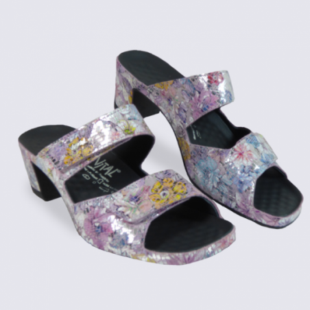 Mules Vital femme en cuir argenté motif fleurs confort