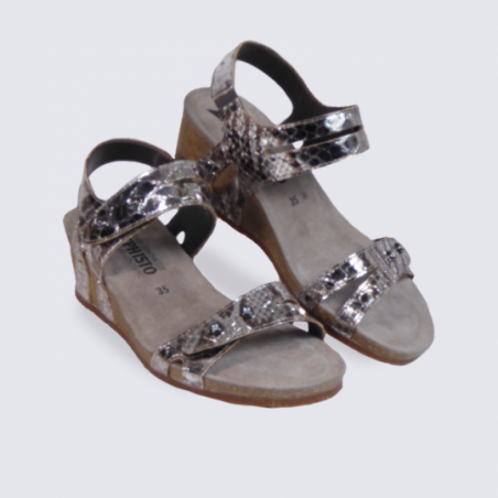 Sandale compensée femme Mephisto en cuir argenté Sandale compensée femme Mephisto en cuir argenté