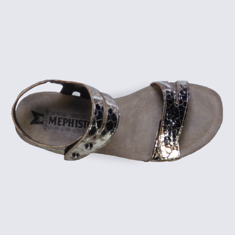 Sandale compensée femme Mephisto en cuir argenté