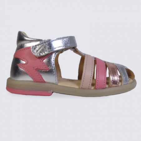 Sandale pour fille Babybotte en cuir argent et rose