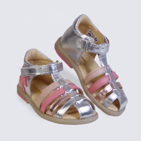 Sandale pour fille Babybotte en cuir argent et rose