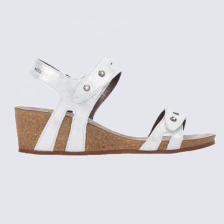 Sandale compensée femme Mephisto en cuir blanc argenté