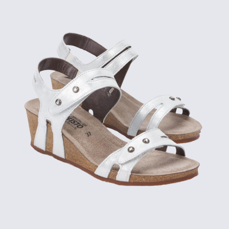 Sandale compensée femme Mephisto en cuir blanc argenté
