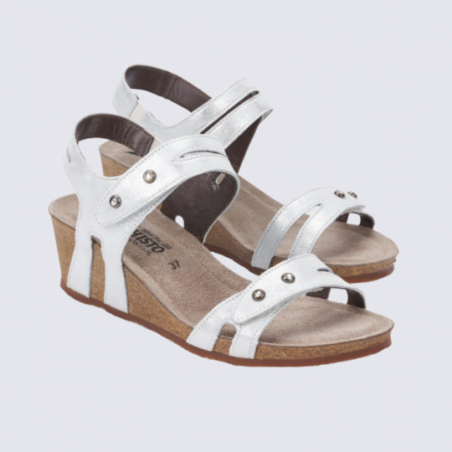 Sandale compensée femme Mephisto en cuir blanc argenté