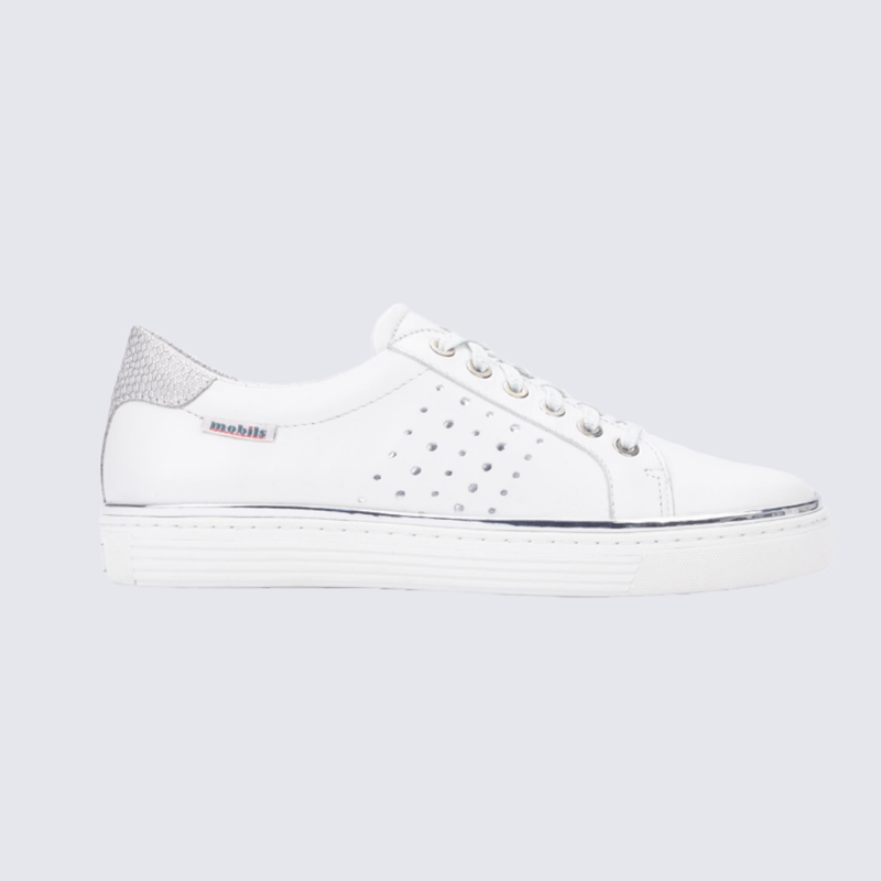 Baskets pour femme Mephisto en cuir blanc et argent