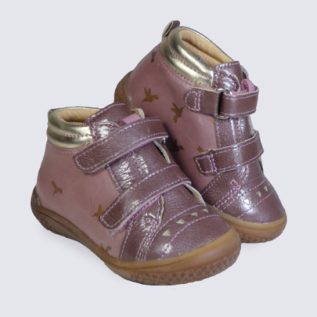 Baskets Babybotte à velcro en cuir rose motif oiseaux