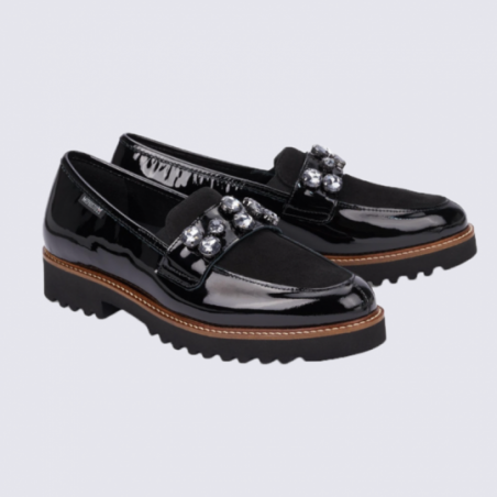 Mocassins femme Mephisto en cuir vernis noir et pierres tendance