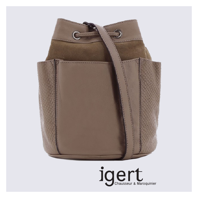 Sac seau multipoches Hexagona en cuir taupe