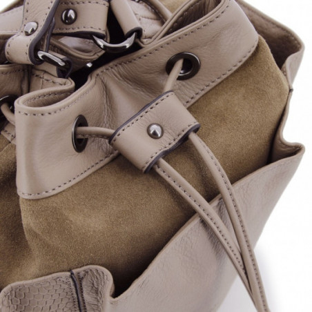 Sac seau multipoches Hexagona en cuir taupe