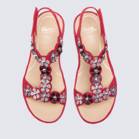 Sandales à talon Ara en cuir rouge et fleurs argent