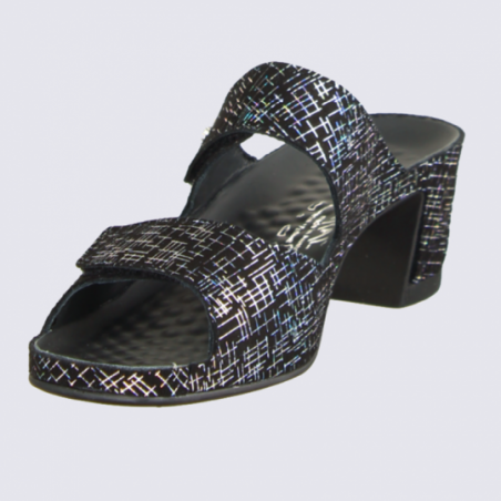 Mules Vital femme en cuir noir et argent confort et tendance