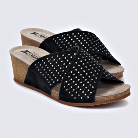 Mules compensées Mephisto en cuir noir avec strass