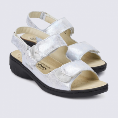 Sandales Mobils, sandales confortables femme en cuir argent