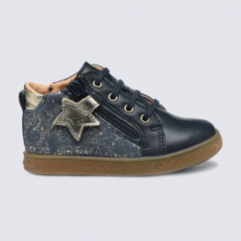 Chaussures à glissière pour fille Babybotte en cuir bleu et doré