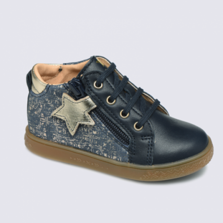 Chaussures à glissière pour fille Babybotte en cuir bleu et doré Chaussures à glissière pour fille Babybotte en cuir bleu et doré