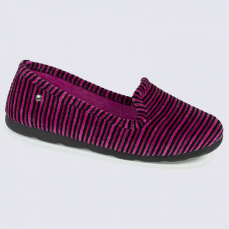 Chaussons slippers femme Isotoner en coton velours à rayures