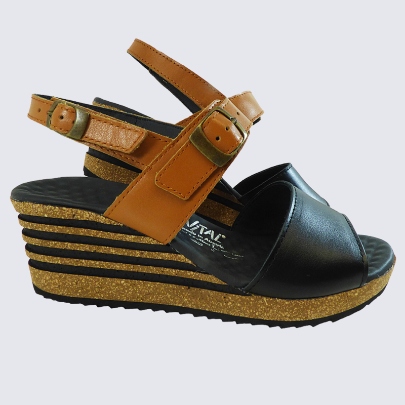 Sandales Vital, sandales à talon compensé tendances femme en cuir noir/cognac