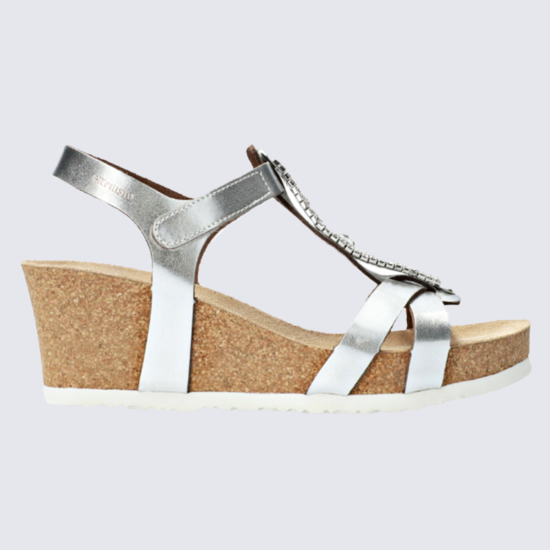 Sandales Mephisto sandales talon compens femme en cuir argent