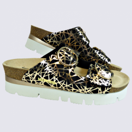 Mules Mephisto, mules compensées tendances femme en cuir noir et détails dorés Mules Mephisto, mules compensées tendances femme en cuir noir et détails dorés