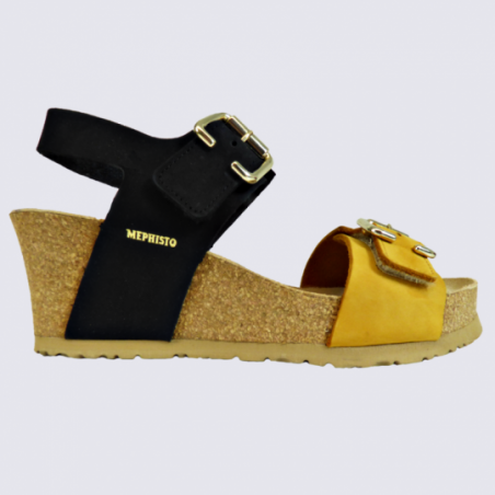 Sandales compensées Mephisto, sandales à talons compensés femme en cuir noir/jaune