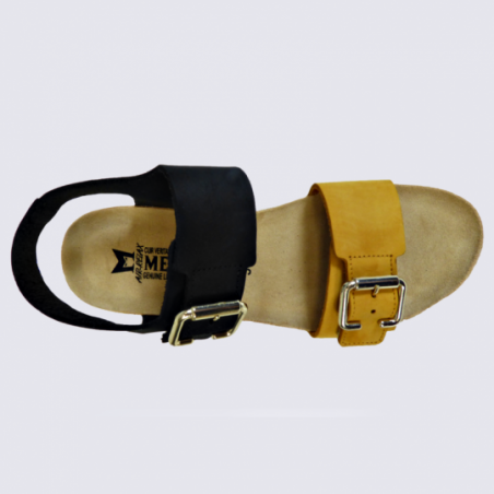 Sandales compensées Mephisto, sandales à talons compensés femme en cuir noir/jaune