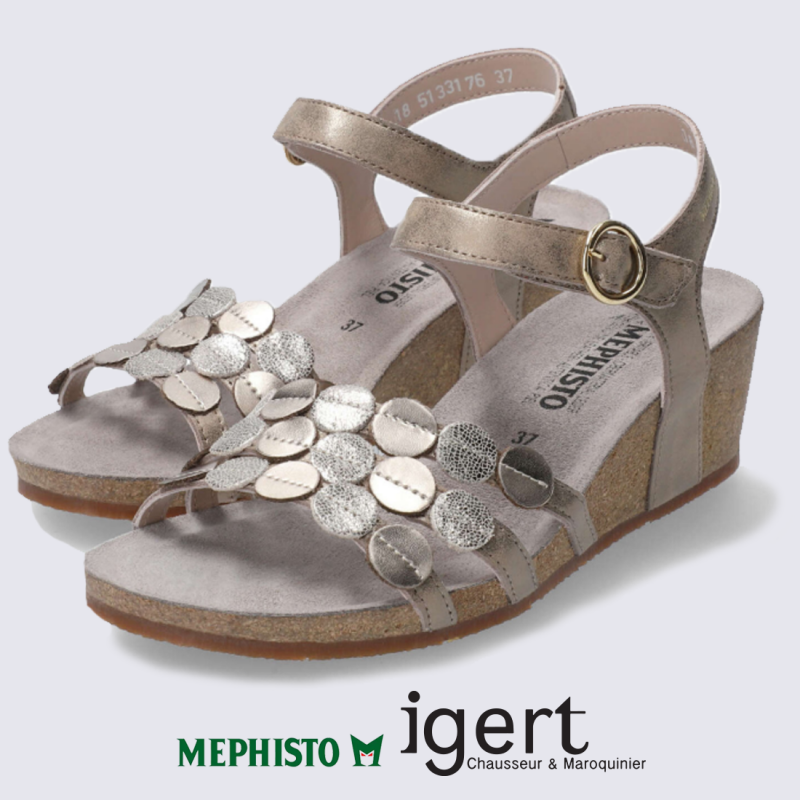 Sandales Mephisto, sandales compensées tendances femme en cuir taupe clair