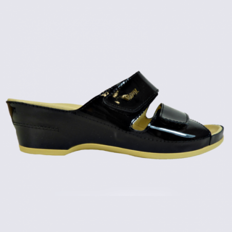 Mule Vital, mules confortables femme en cuir vernis noir