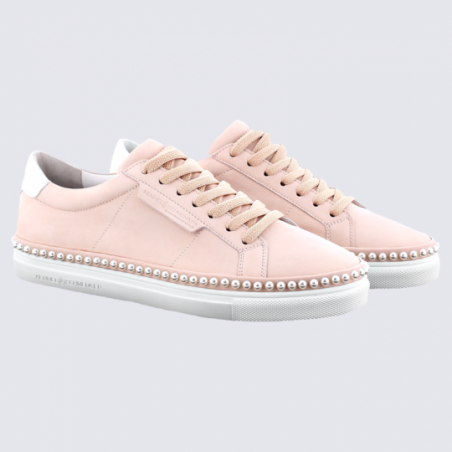 Baskets K&S, baskets basses chic à perles femme en cuir rose