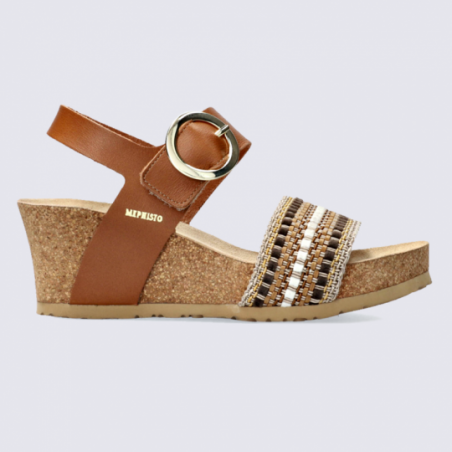 Sandales Mephisto, sandales compensées tendances femme en cuir camel