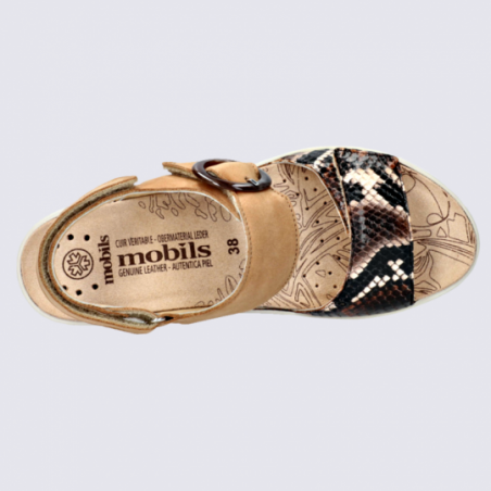 Sandales Mobils, sandales compensées motif serpent femme en cuir brun foncé