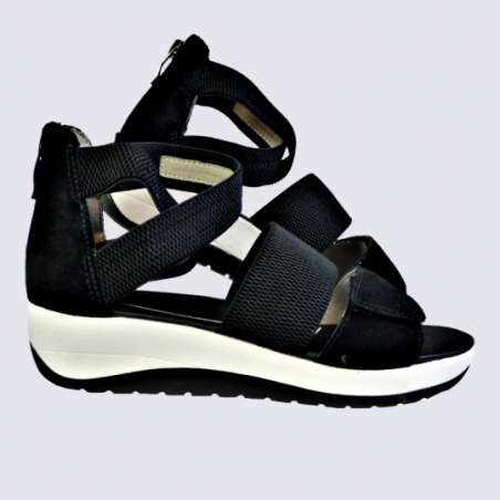 Sandales Ara, sandales compensées femme en cuir et textile noir Sandales Ara, sandales compensées femme en cuir et textile noir