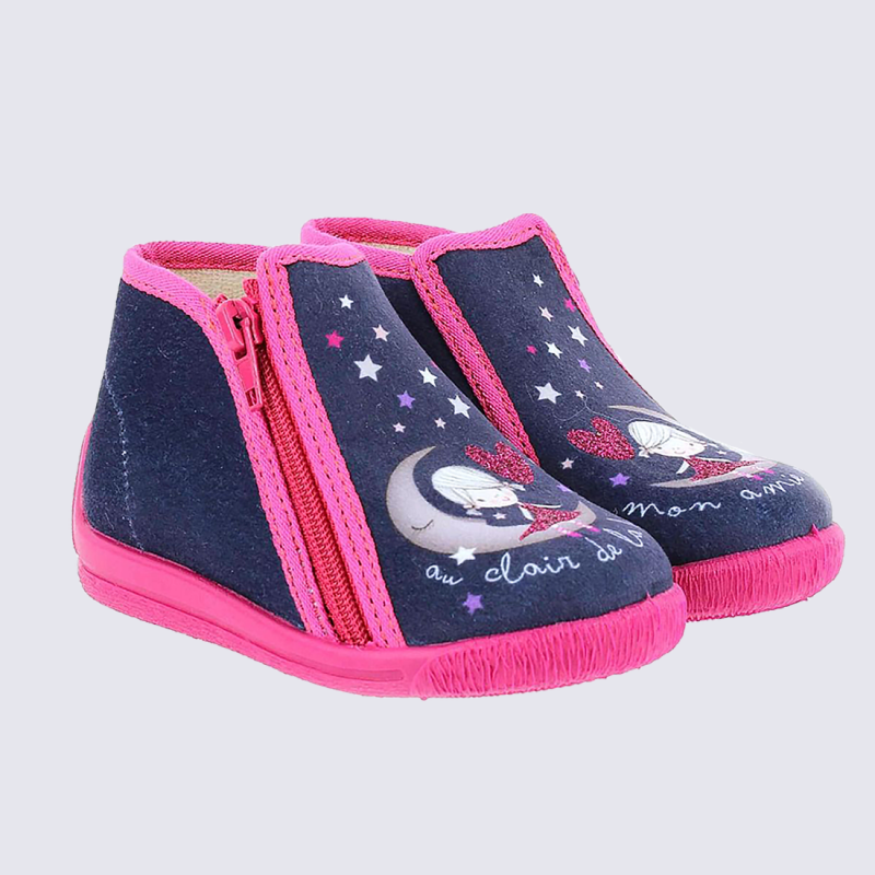 Chaussons Bellamy, chaussons bébé fille motif pingouin rose