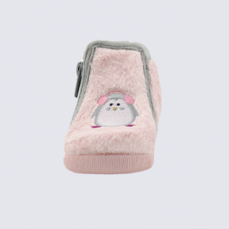 Chaussons Bellamy, chaussons bébé fille motif pingouin rose