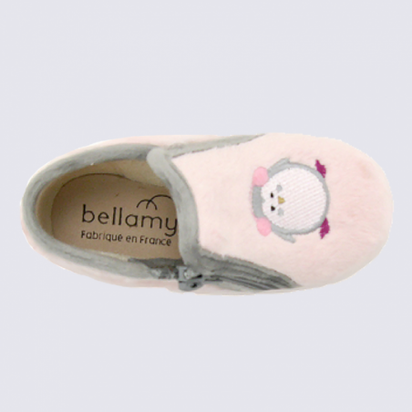 Chaussons Bellamy, chaussons bébé fille motif pingouin rose