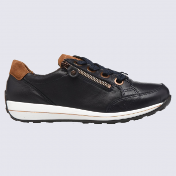 Baskets Ara, baskets à zip femme en cuir bleu/noisette