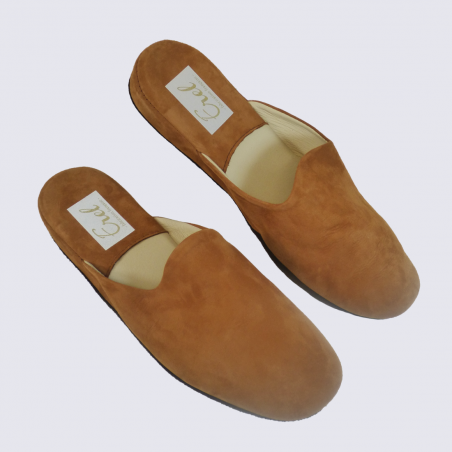 Mules Erel, mules confortables femme en cuir camel velours