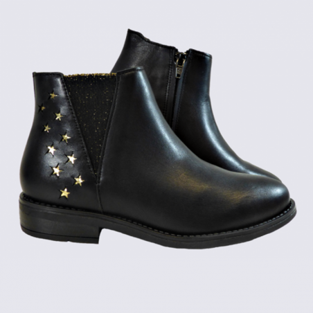 Bottines Bellamy, bottines étoiles dorées filles en cuir noir