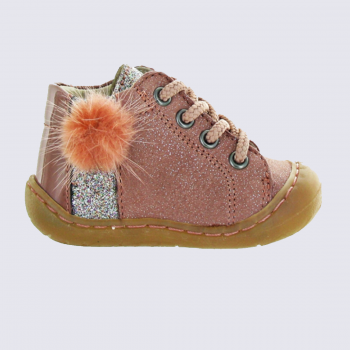 Chaussures Bellamy, chaussures à lacets et pompon bébé fille rose