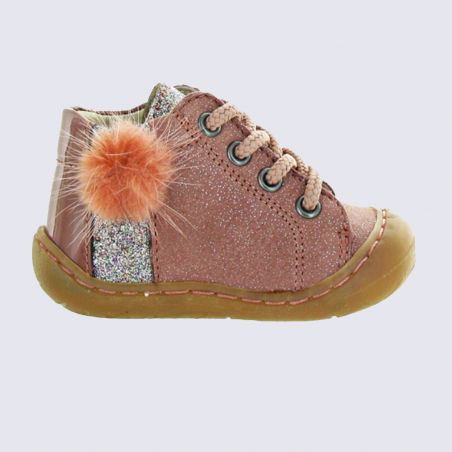 Chaussures Bellamy, chaussures à lacets et pompon bébé fille rose